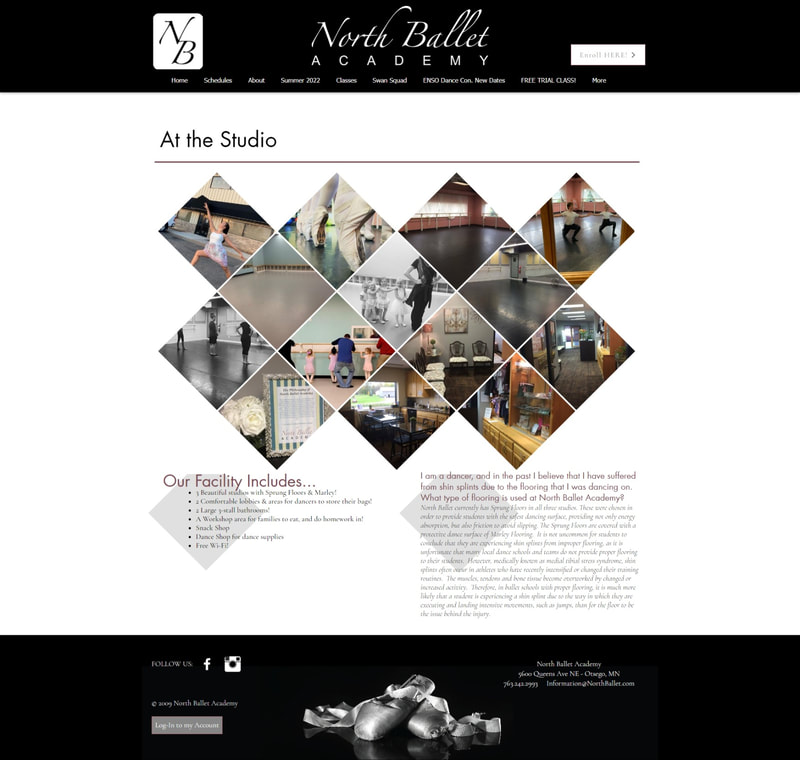 Title at top left of page 'At the Studio'. a collage of images of dance studios in diamond shapes is followed by blocks of text.